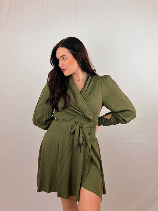 Olive Green Wrap Flare Dress