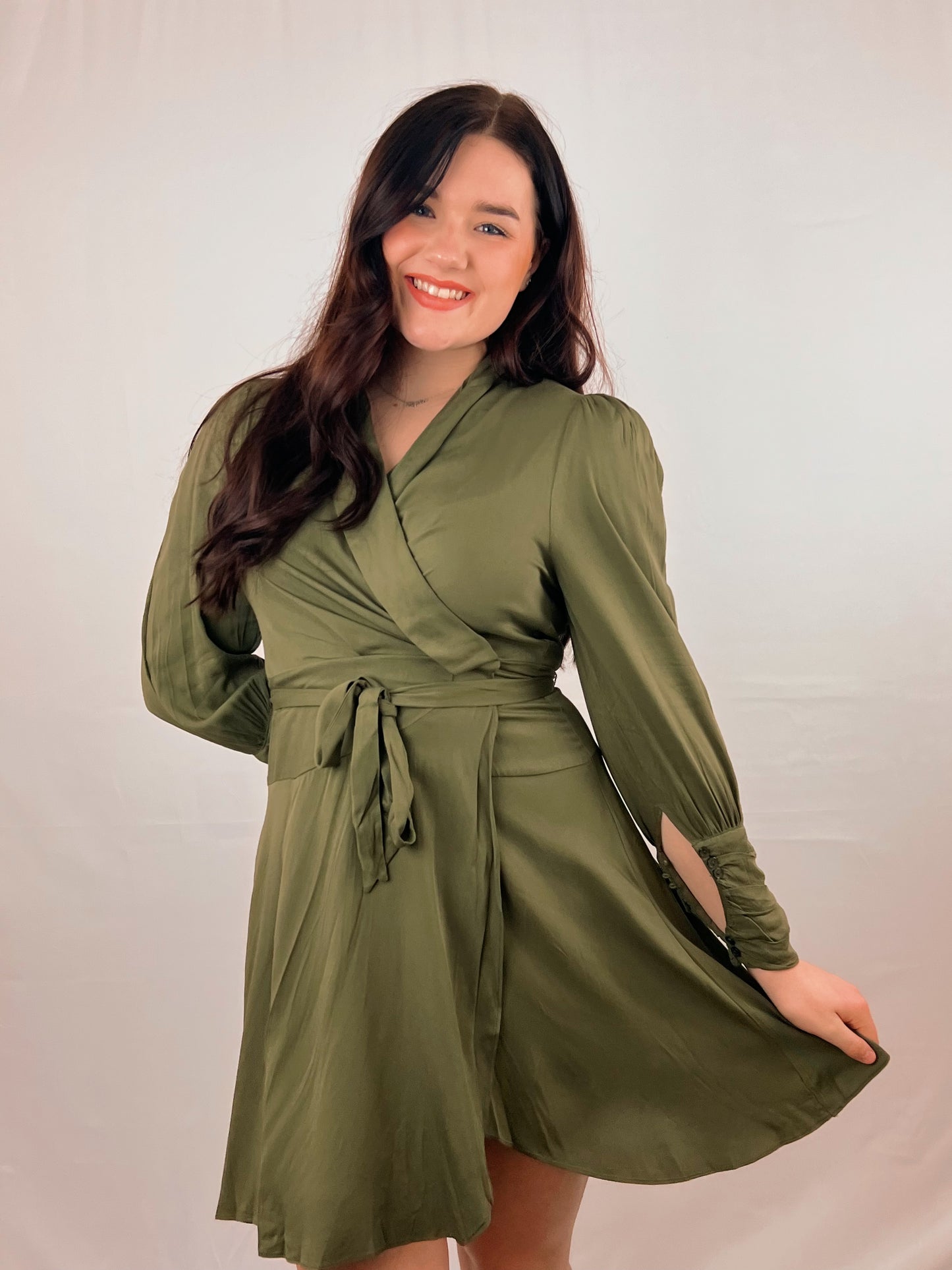 Olive Green Wrap Flare Dress