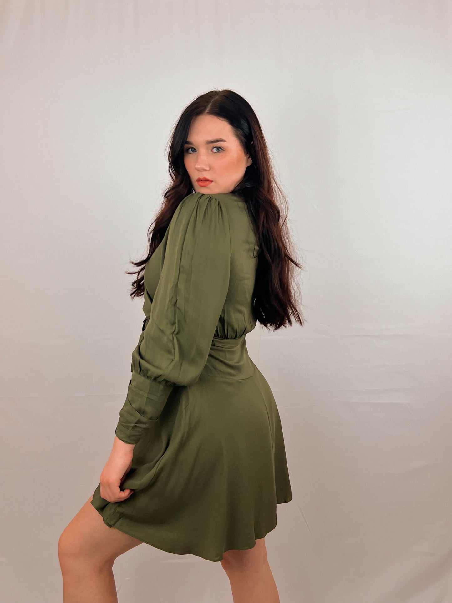 Olive Green Wrap Flare Dress